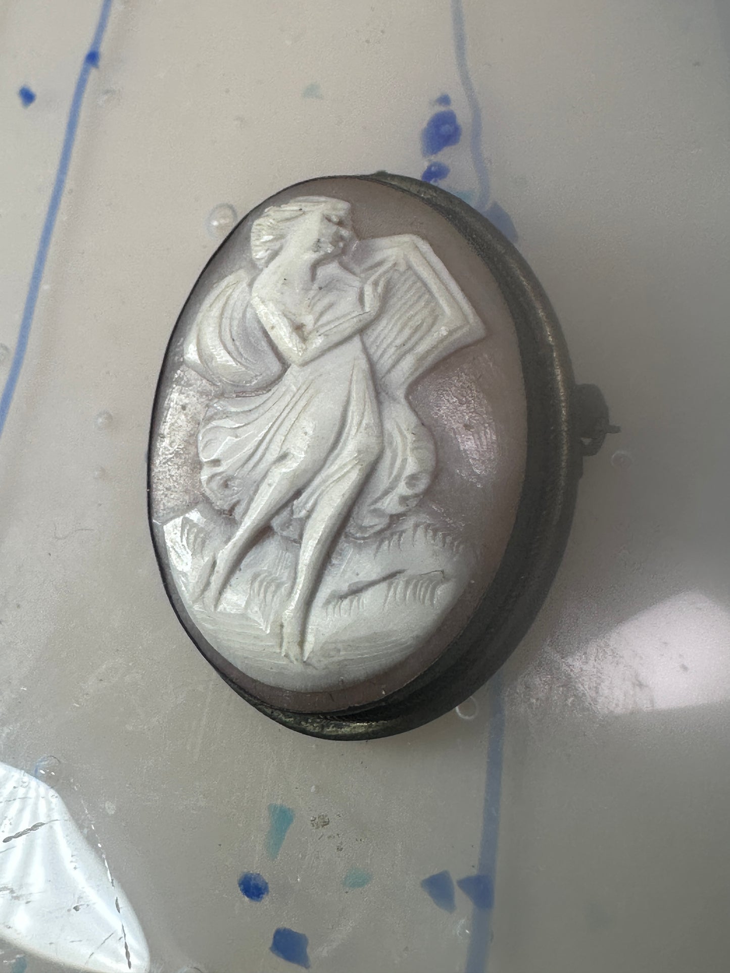 Antique Cameo on Shell Dancing Lady w Harp pendant and Pin