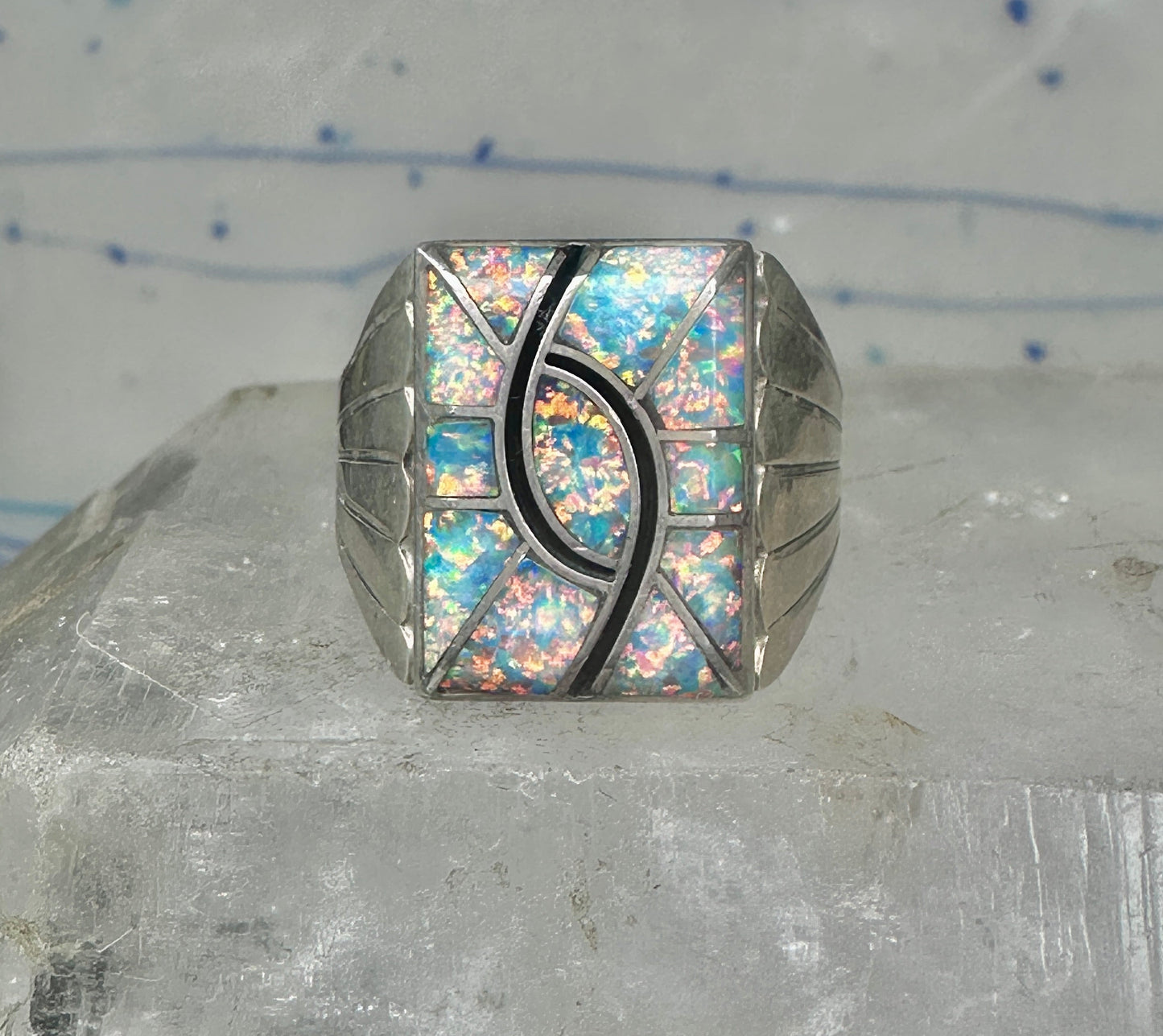 Lab Opal ring size 12 N Lee Navajo hummingbird sterling silver men women