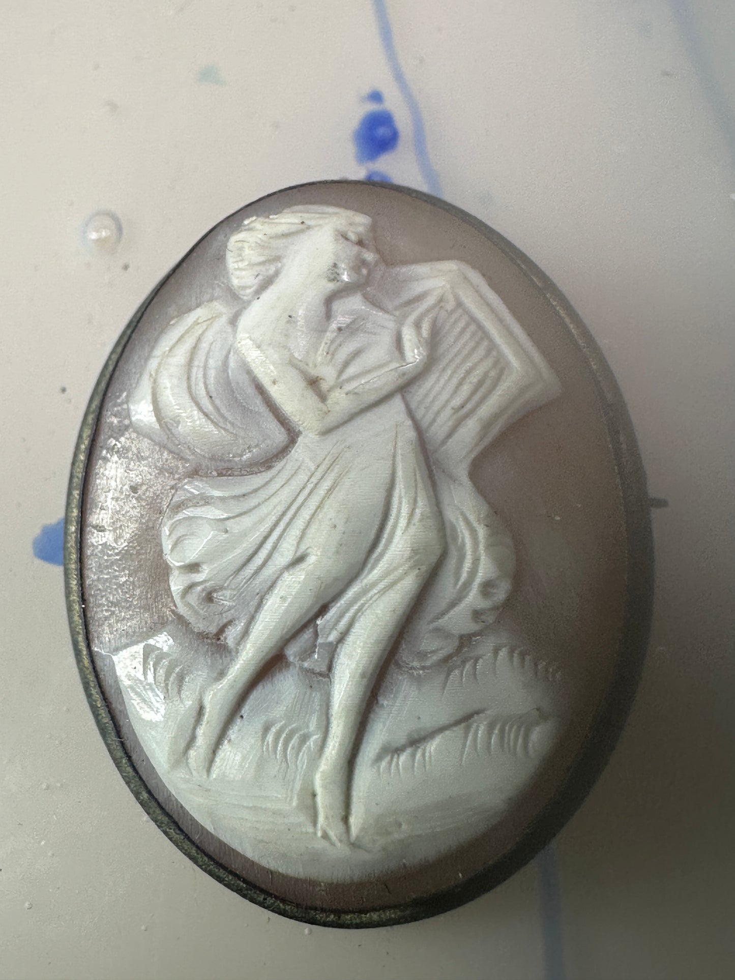 Antique Cameo on Shell Dancing Lady w Harp pendant and Pin