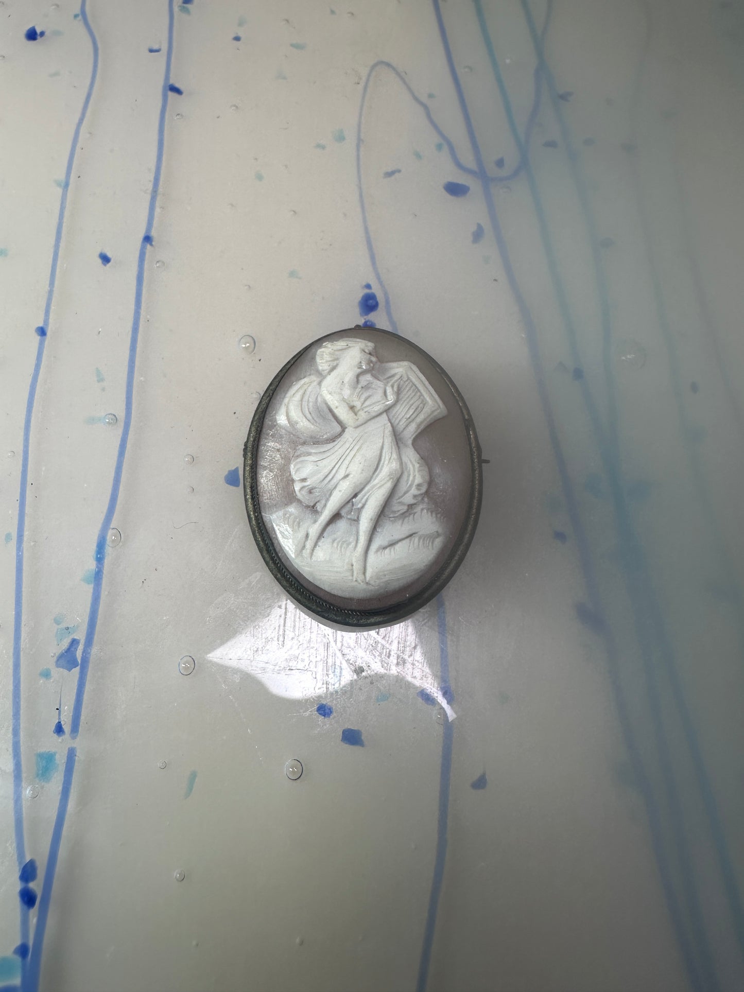 Antique Cameo on Shell Dancing Lady w Harp pendant and Pin