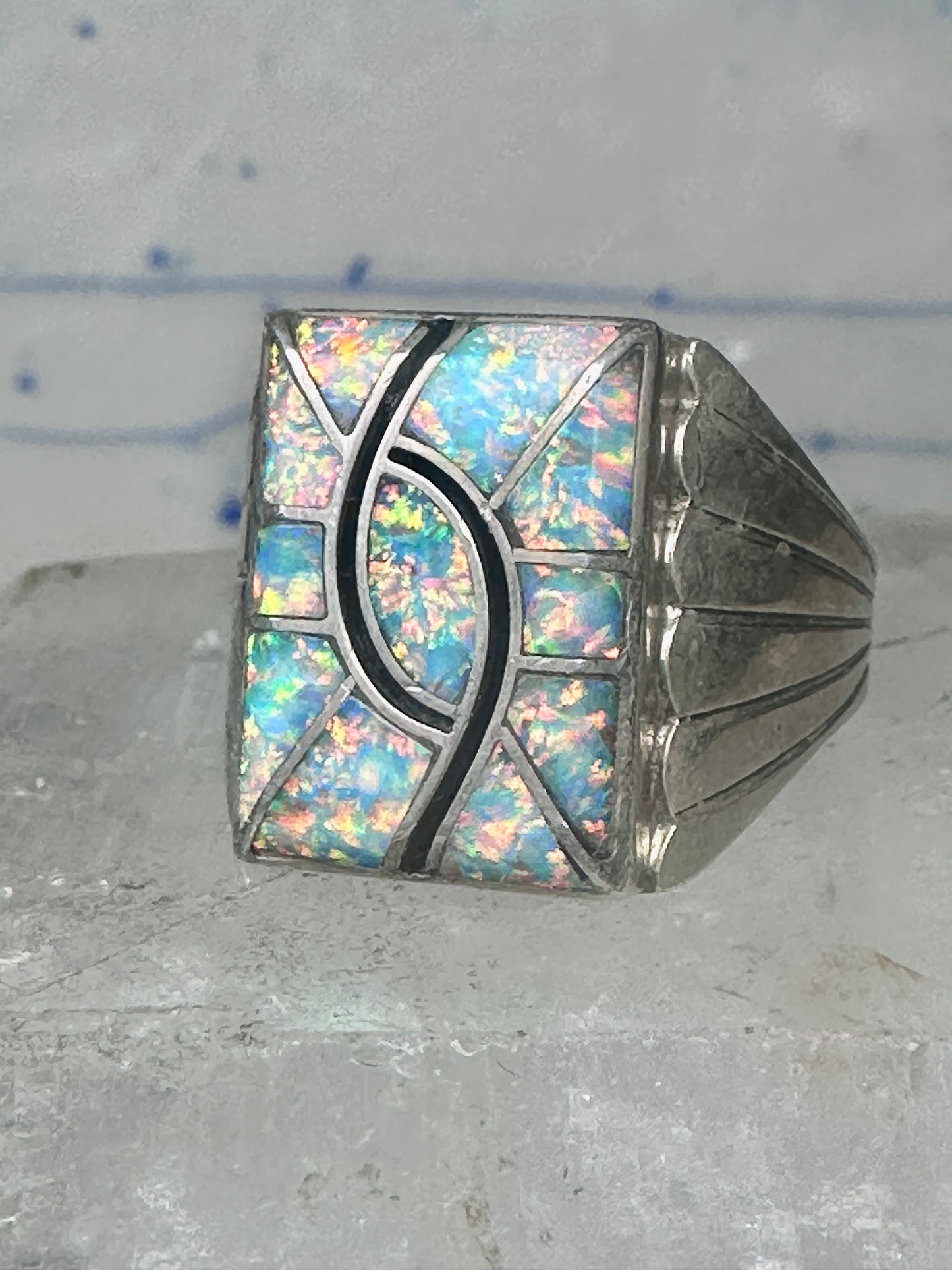 Lab Opal ring size 12 N Lee Navajo hummingbird sterling silver men women