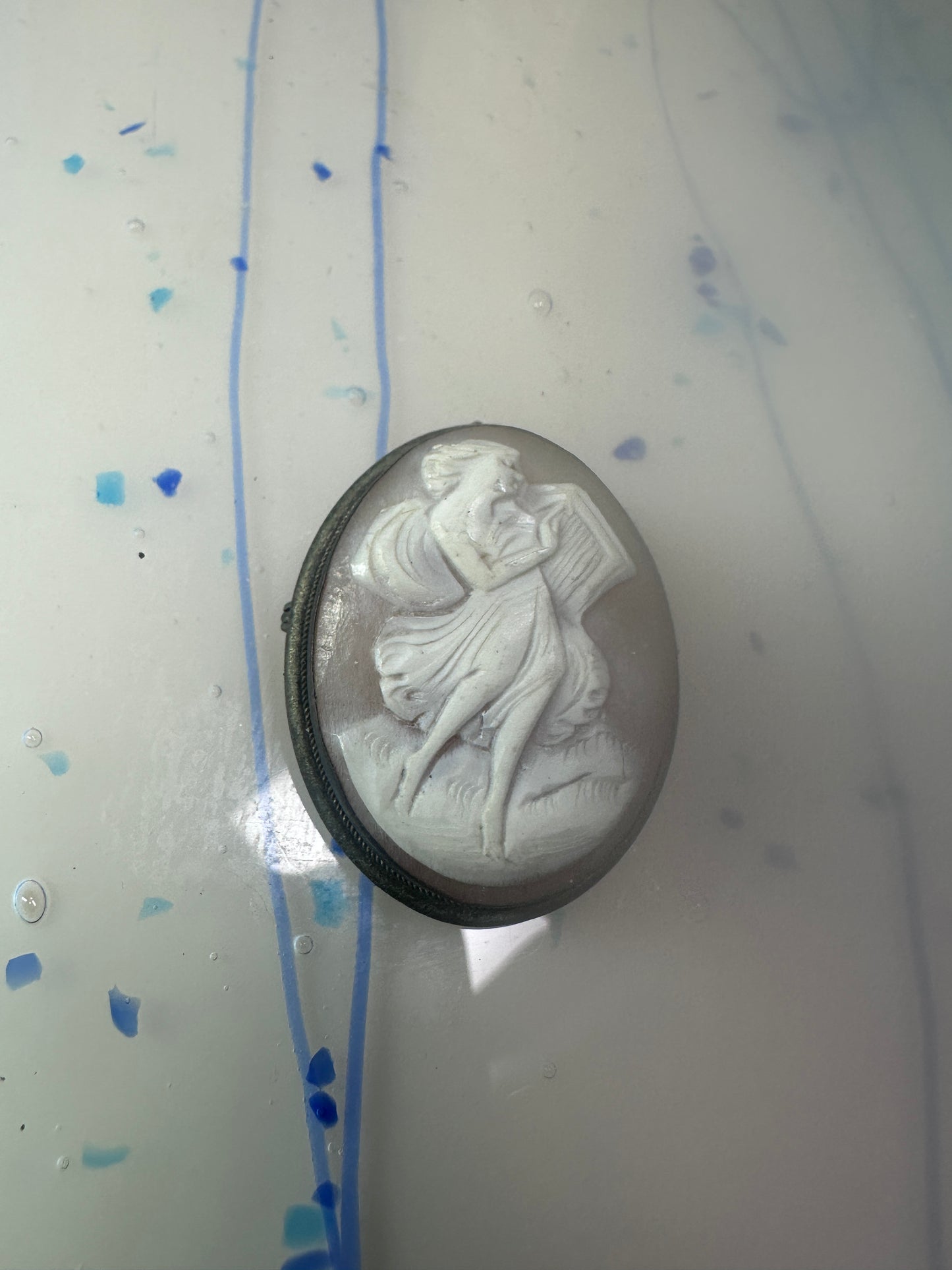 Antique Cameo on Shell Dancing Lady w Harp pendant and Pin