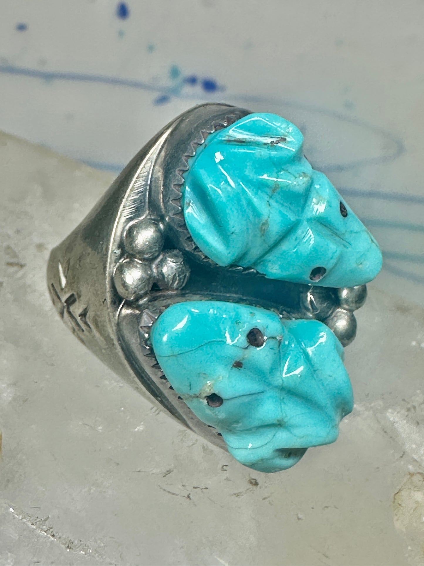 Frog Ring Turquoise carved frogs band coin silver size 12.25 men women