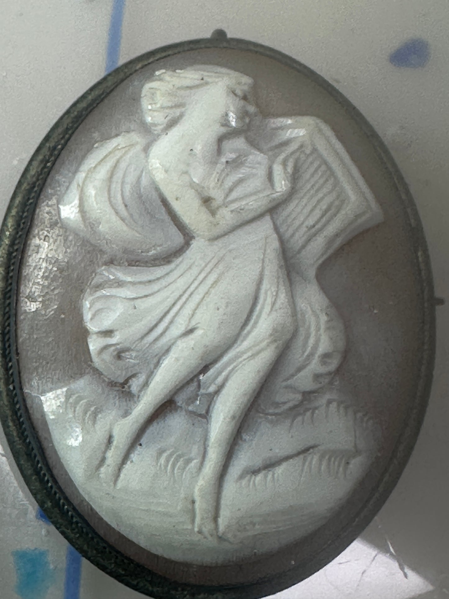 Antique Cameo on Shell Dancing Lady w Harp pendant and Pin