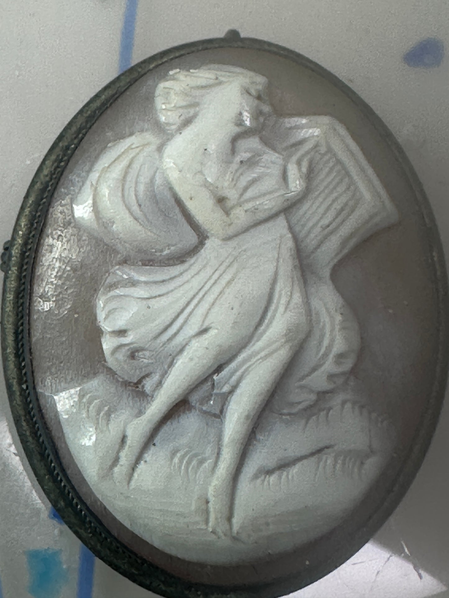 Antique Cameo on Shell Dancing Lady w Harp pendant and Pin