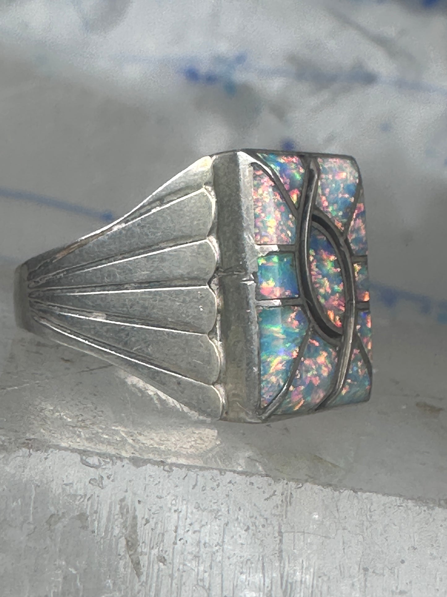 Lab Opal ring size 12 N Lee Navajo hummingbird sterling silver men women