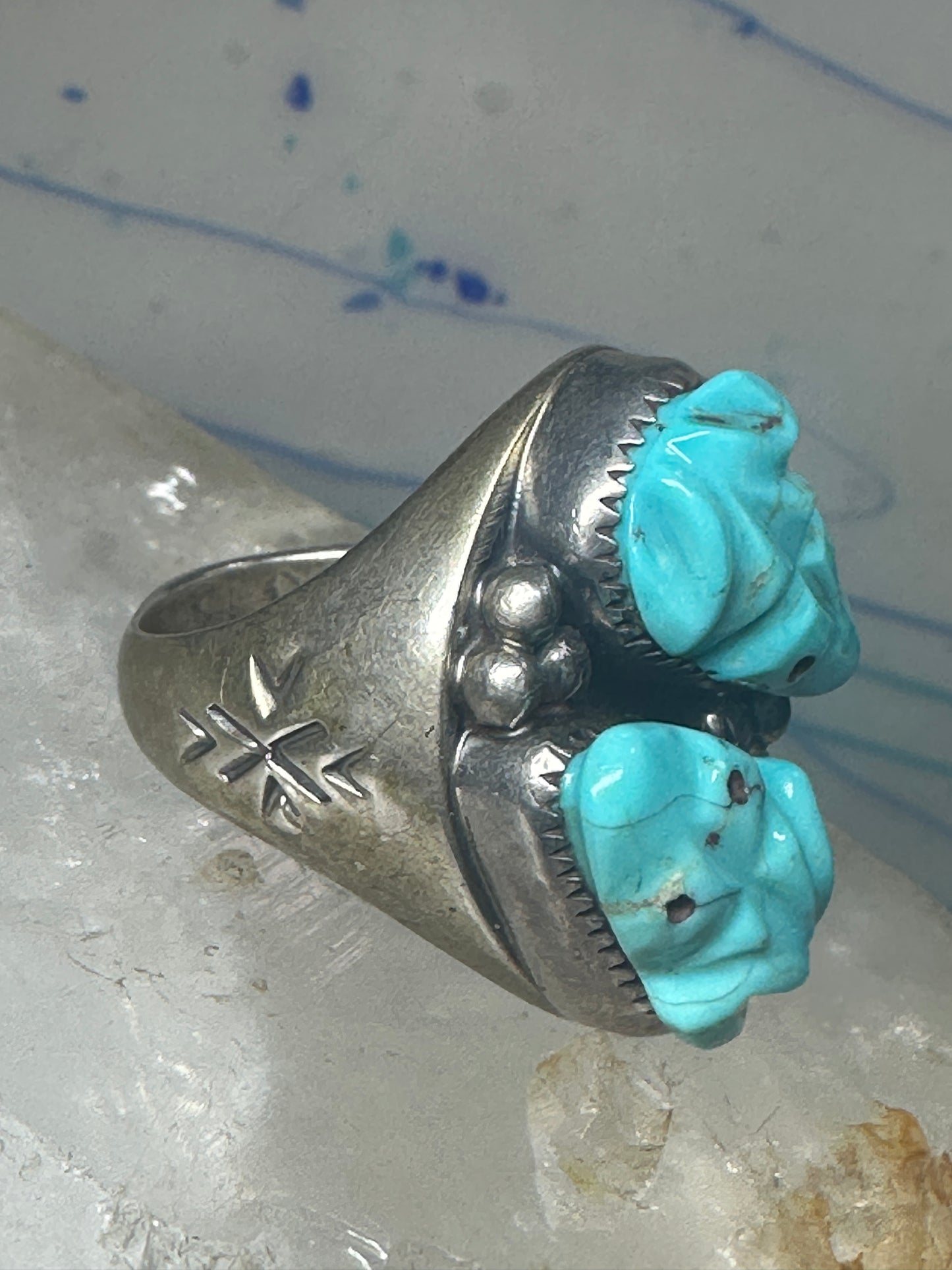 Frog Ring Turquoise carved frogs band coin silver size 12.25 men women