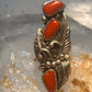 Navajo coral ring size 5 sterling silver leaves feathers women signed JH