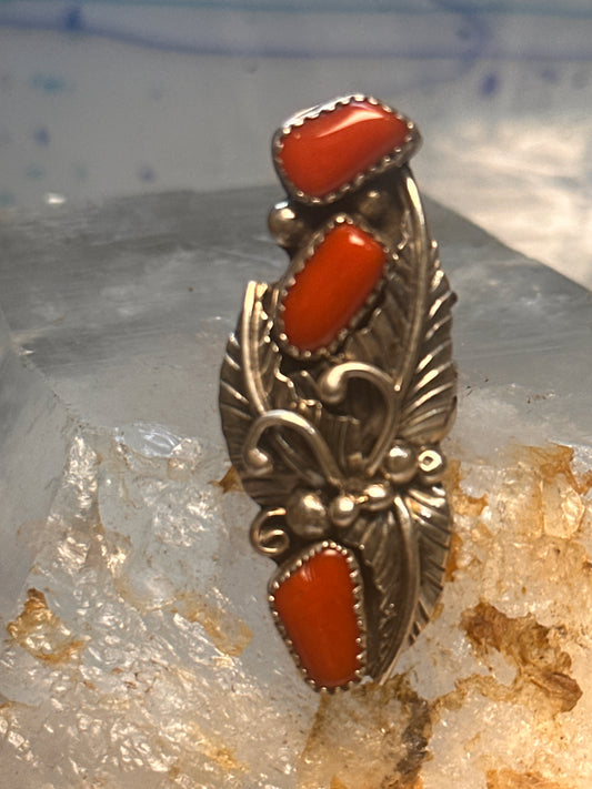 Navajo coral ring size 5 sterling silver leaves feathers women signed JH