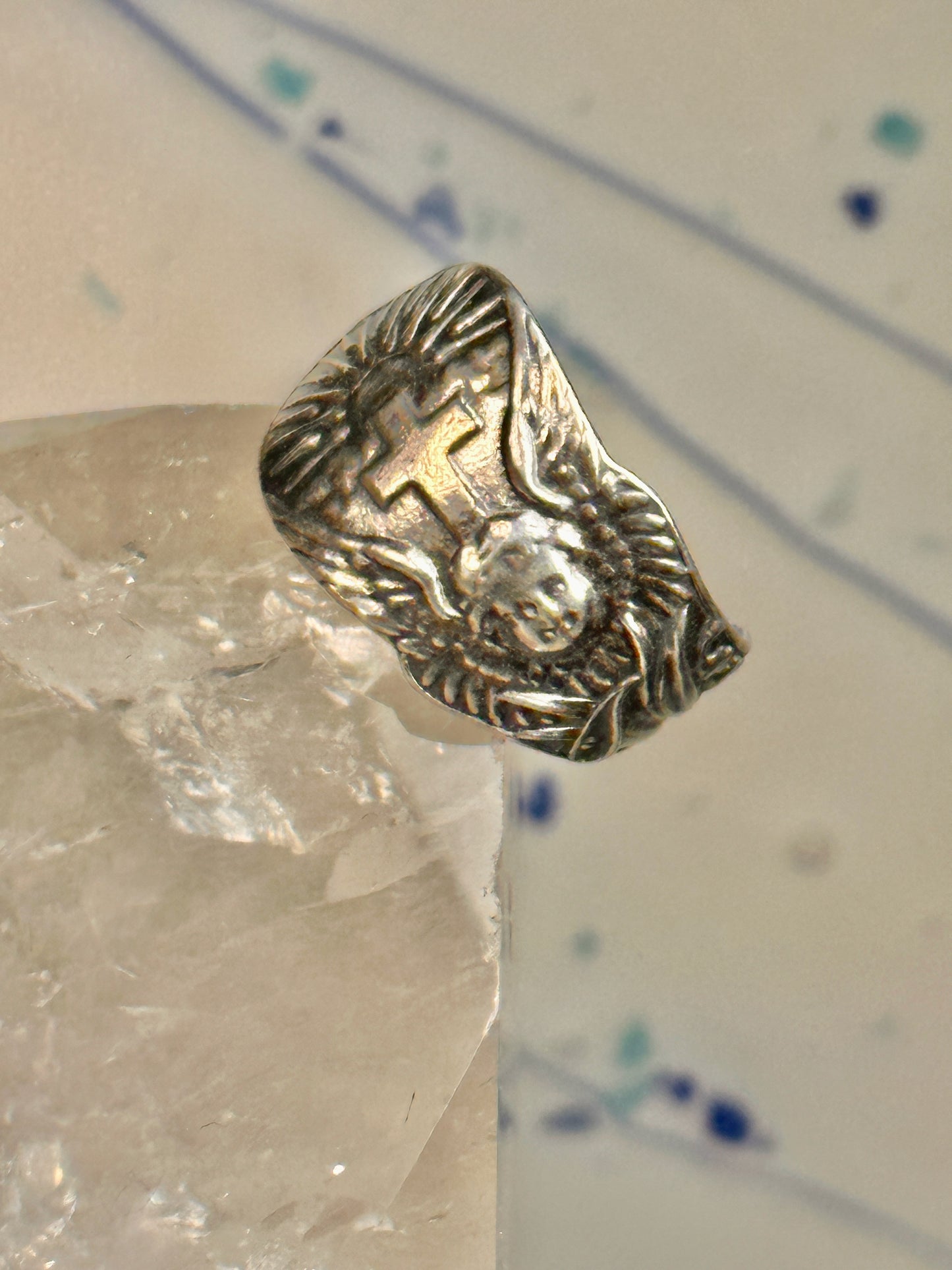 Angel Spoon ring Cross Religious sunrise sun band size 7.50 sterling silver women