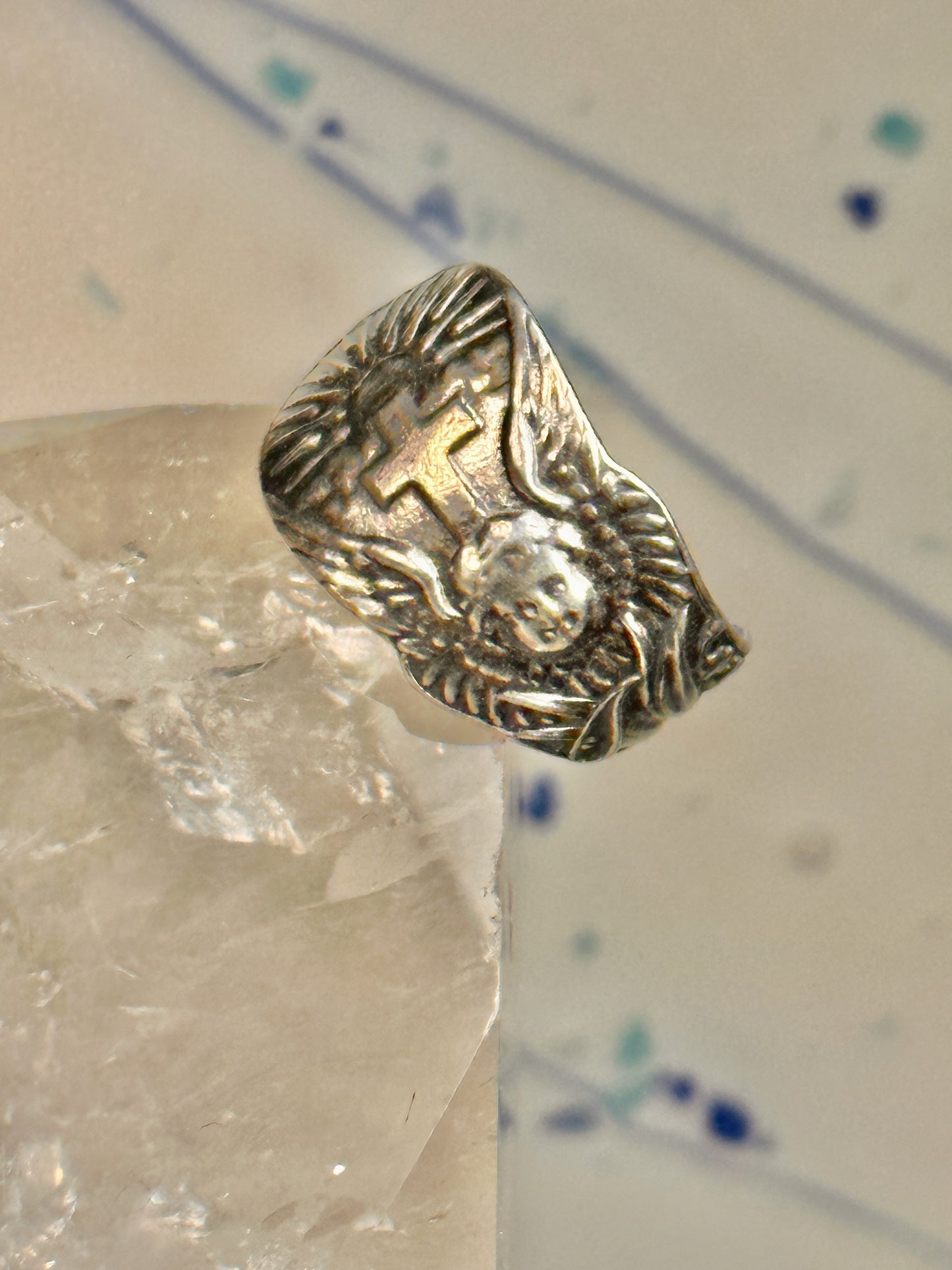 Angel Spoon ring Cross Religious sunrise sun band size 7.50 sterling silver women