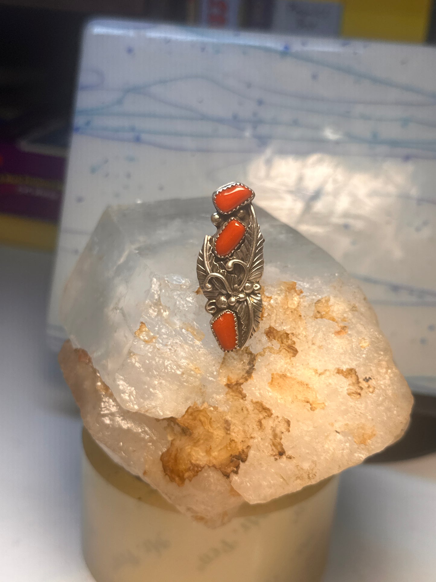 Navajo coral ring size 5 sterling silver leaves feathers women signed JH
