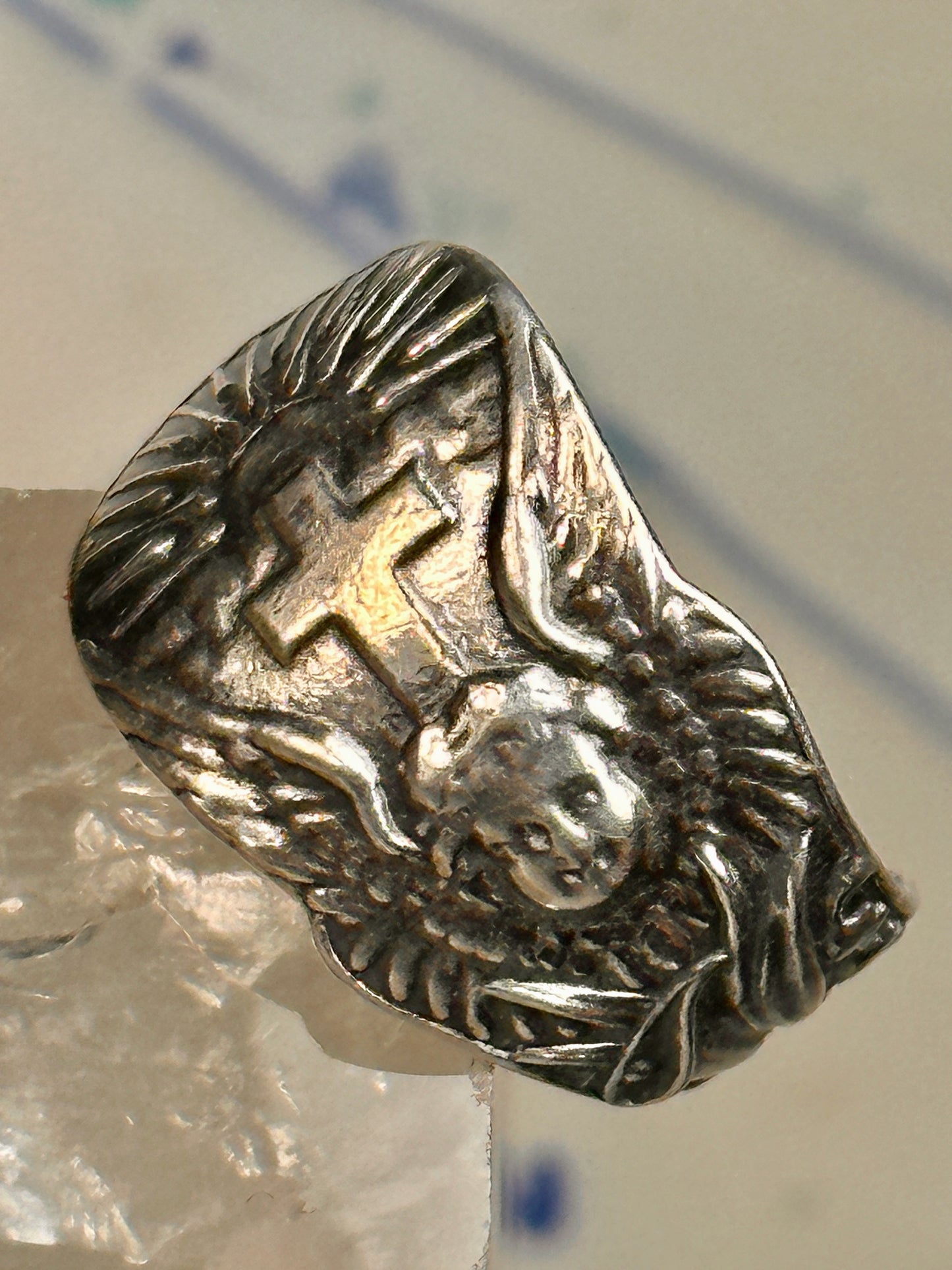 Angel Spoon ring Cross Religious sunrise sun band size 7.50 sterling silver women