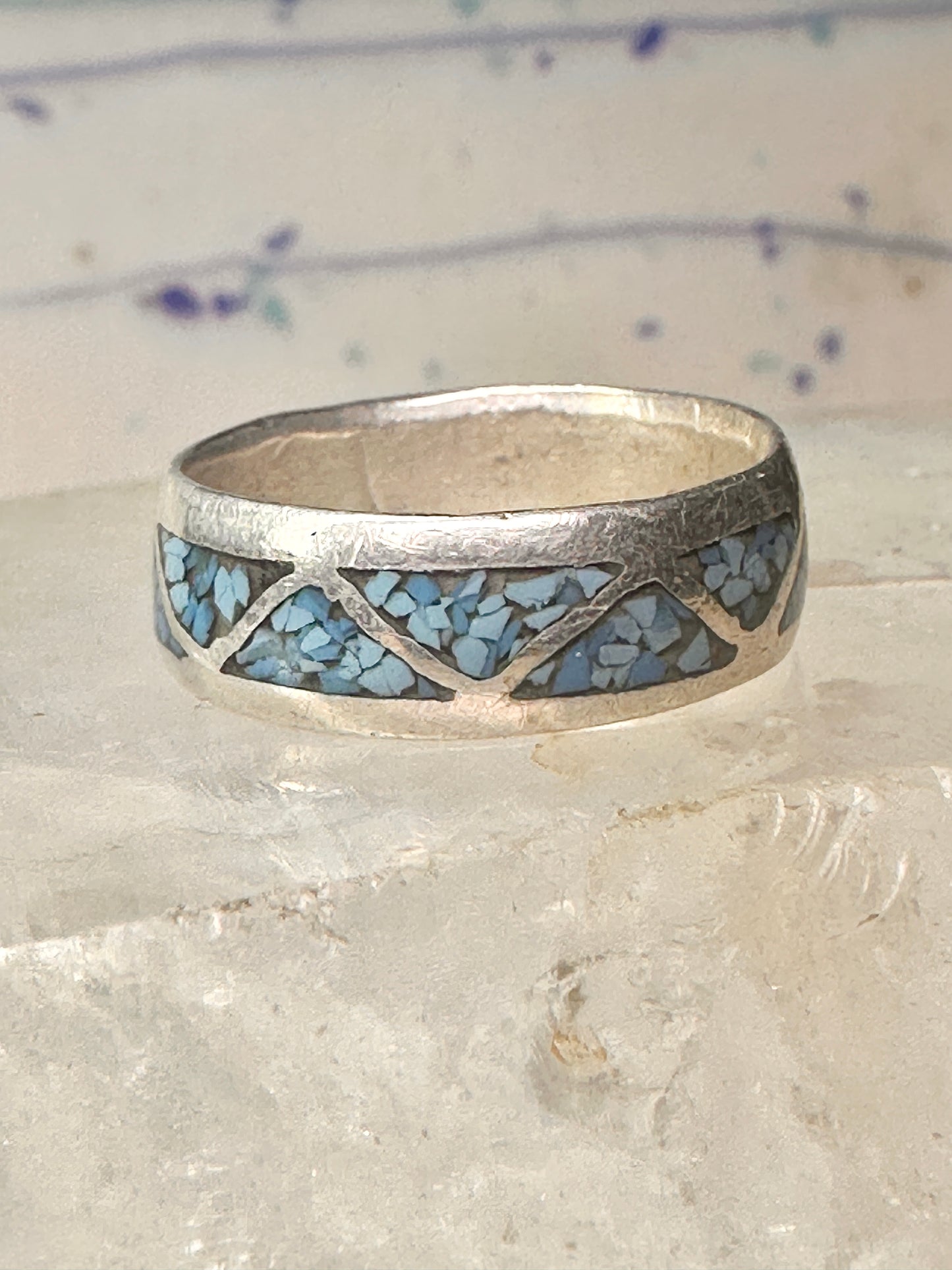 Zuni ring wedding band turquoise chips size 9 sterling silver women men