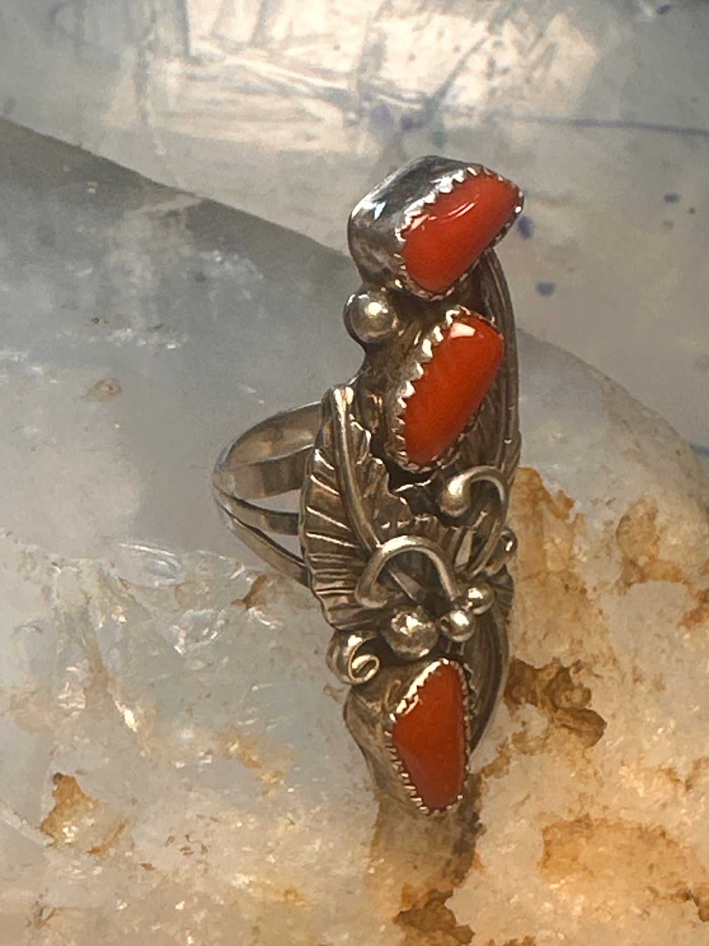 Navajo coral ring size 5 sterling silver leaves feathers women signed JH