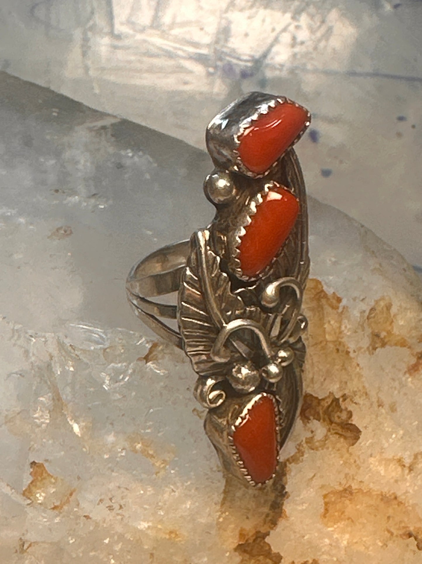 Navajo coral ring size 5 sterling silver leaves feathers women signed JH