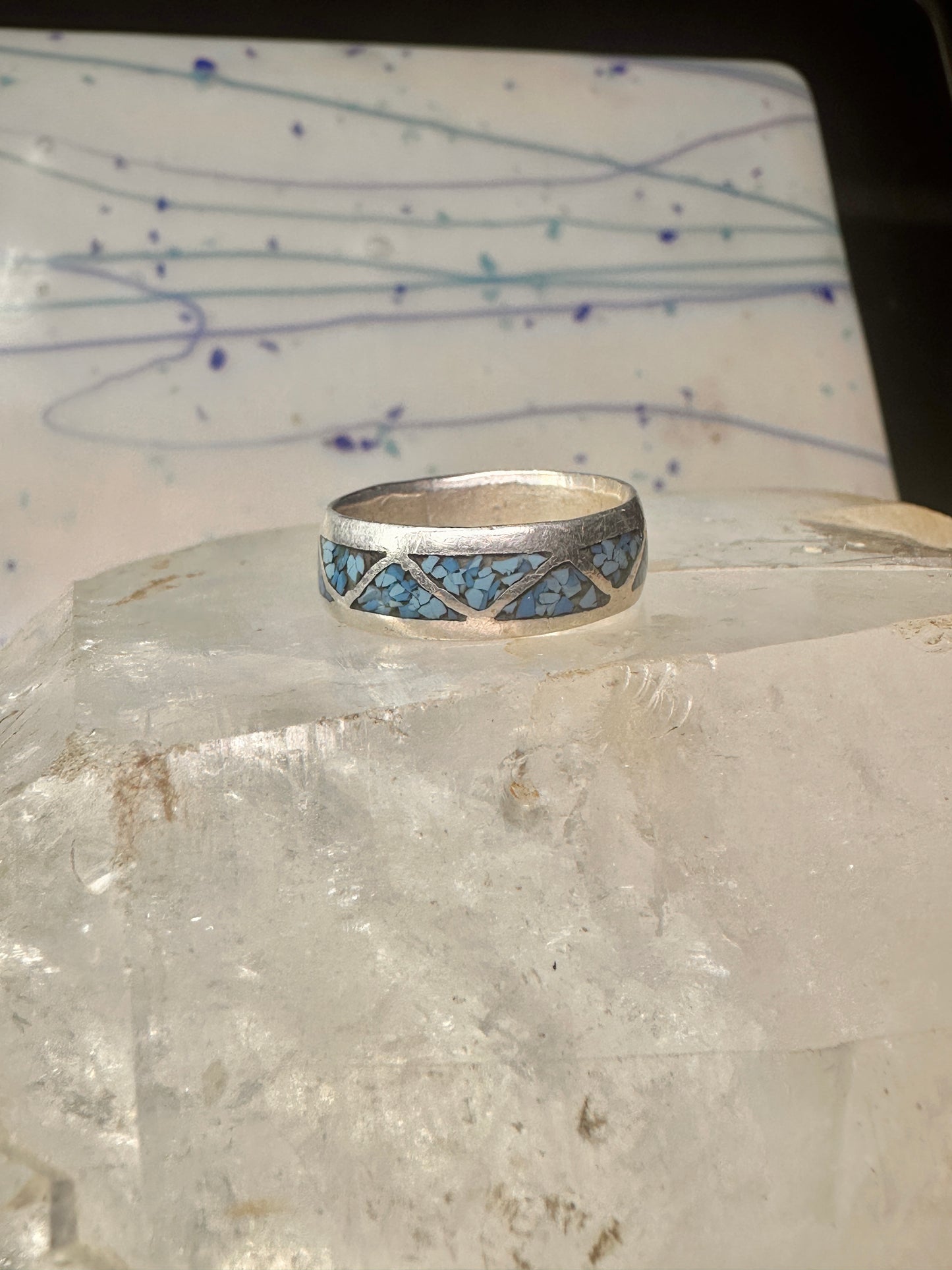 Zuni ring wedding band turquoise chips size 9 sterling silver women men