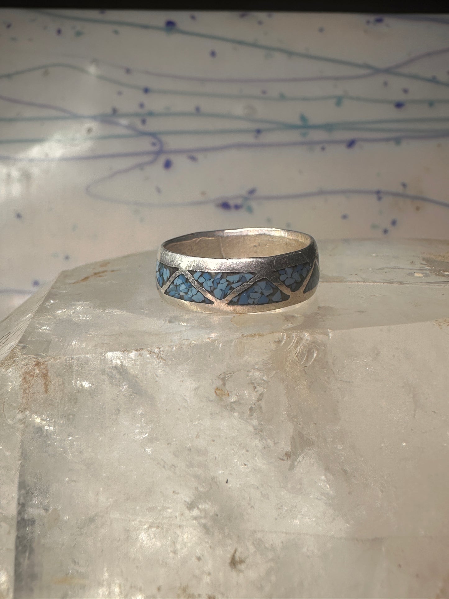 Zuni ring wedding band turquoise chips size 9 sterling silver women men