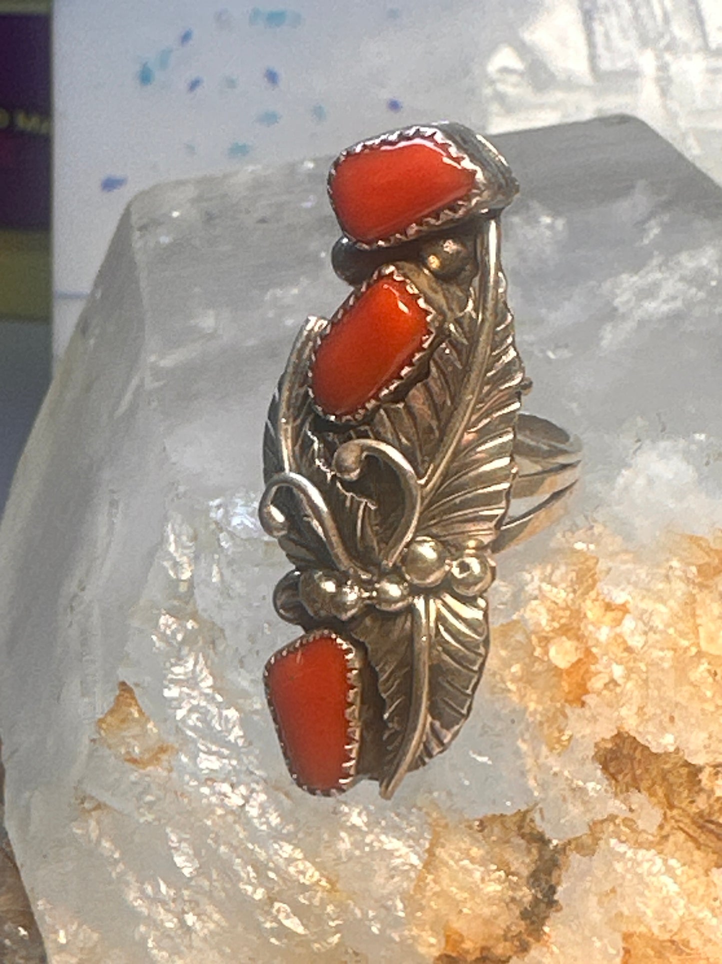 Navajo coral ring size 5 sterling silver leaves feathers women signed JH