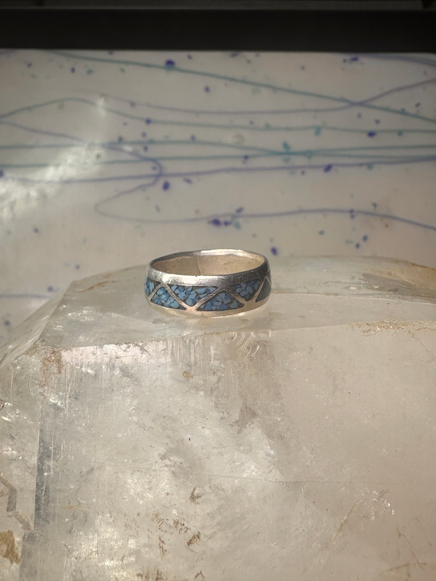 Zuni ring wedding band turquoise chips size 9 sterling silver women men