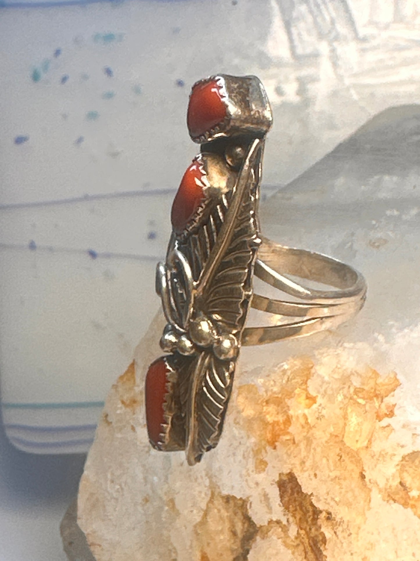 Navajo coral ring size 5 sterling silver leaves feathers women signed JH