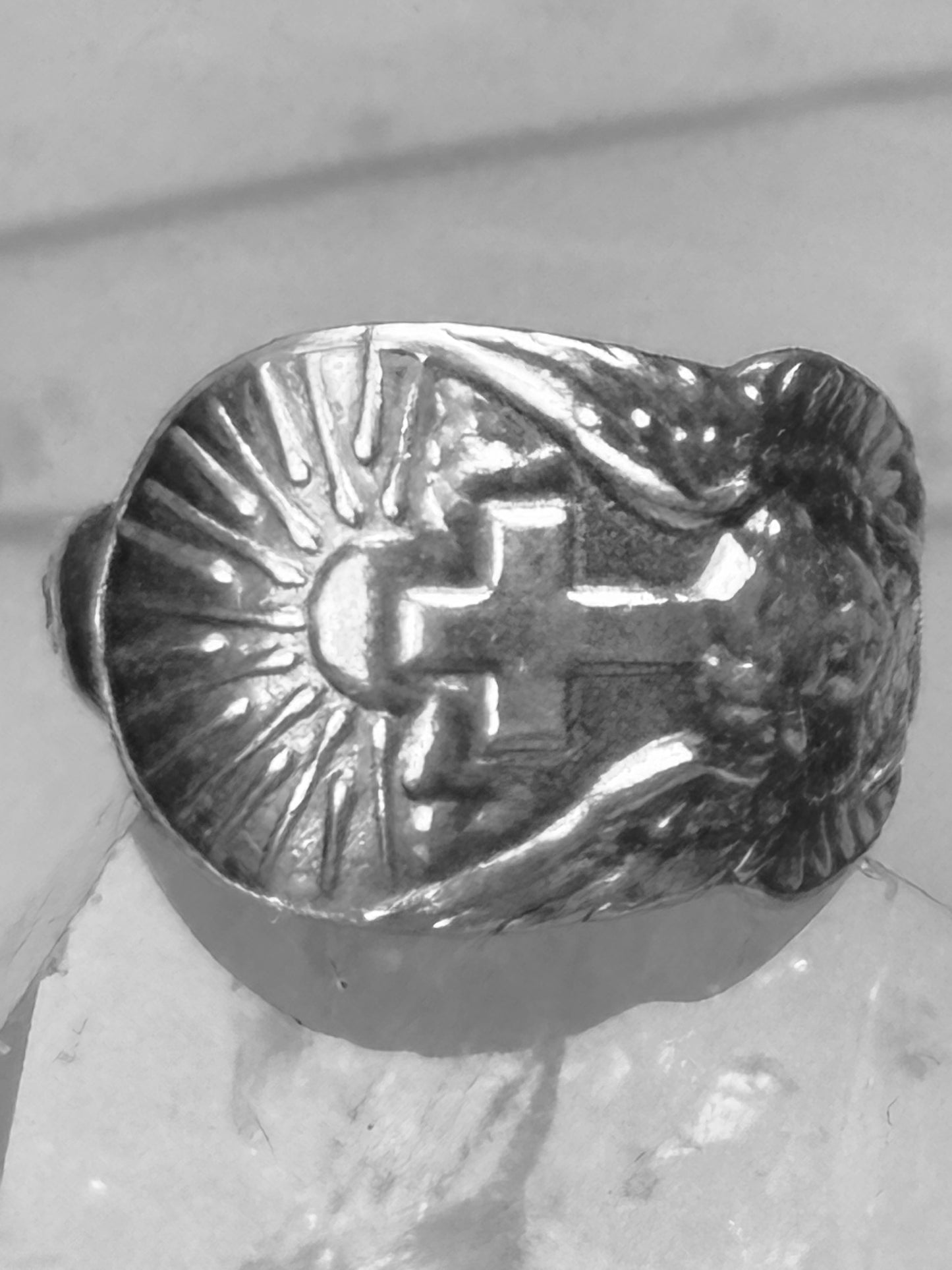 Angel Spoon ring Cross Religious sunrise sun band size 7.50 sterling silver women