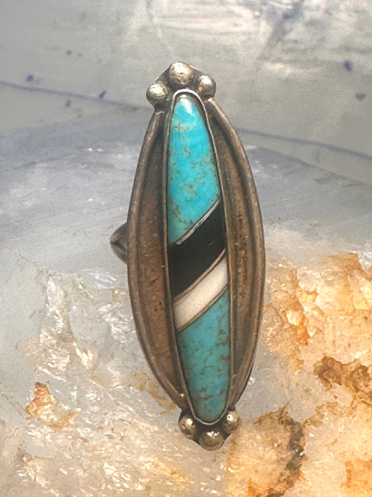 Vintage Navajo Sterling Silver Long Inlay Turquoise Onyx Mother of Pearl Ring - Size 6.5
