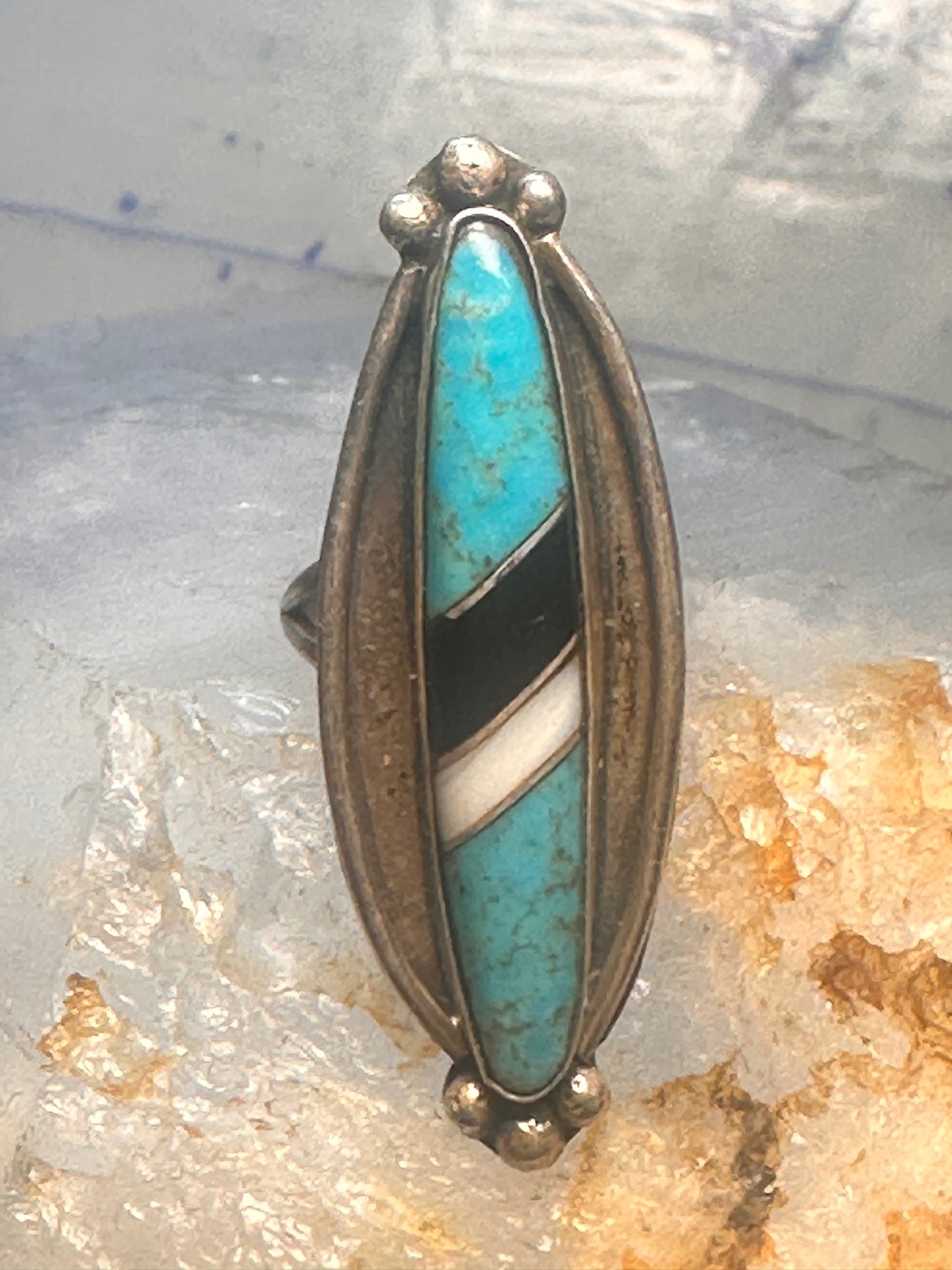 Navajo long ring turquoise onyx mop size 6.5 sterling silver women