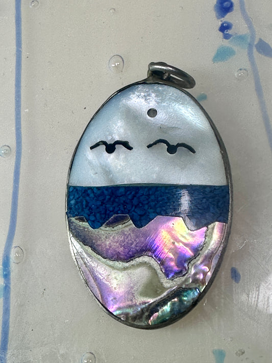Seascape pendant seagulls ocean turquoise chips sky abalone Alpaca Mexico