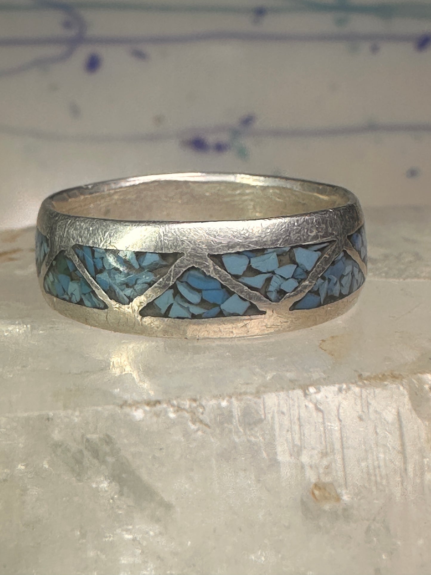 Zuni ring wedding band turquoise chips size 9 sterling silver women men
