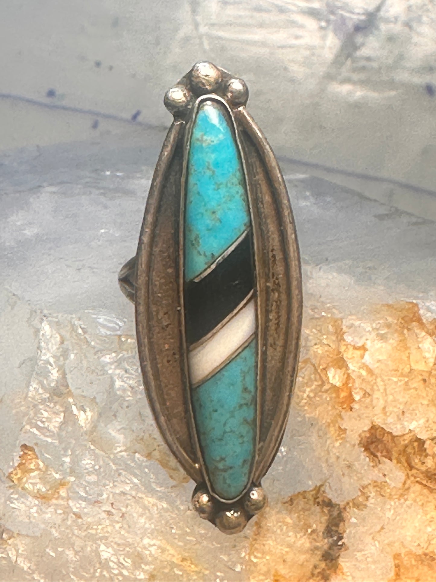 Navajo long ring turquoise onyx mop size 6.5 sterling silver women