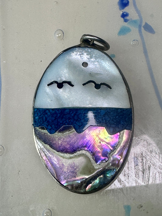 Seascape pendant seagulls ocean turquoise chips sky abalone Alpaca Mexico