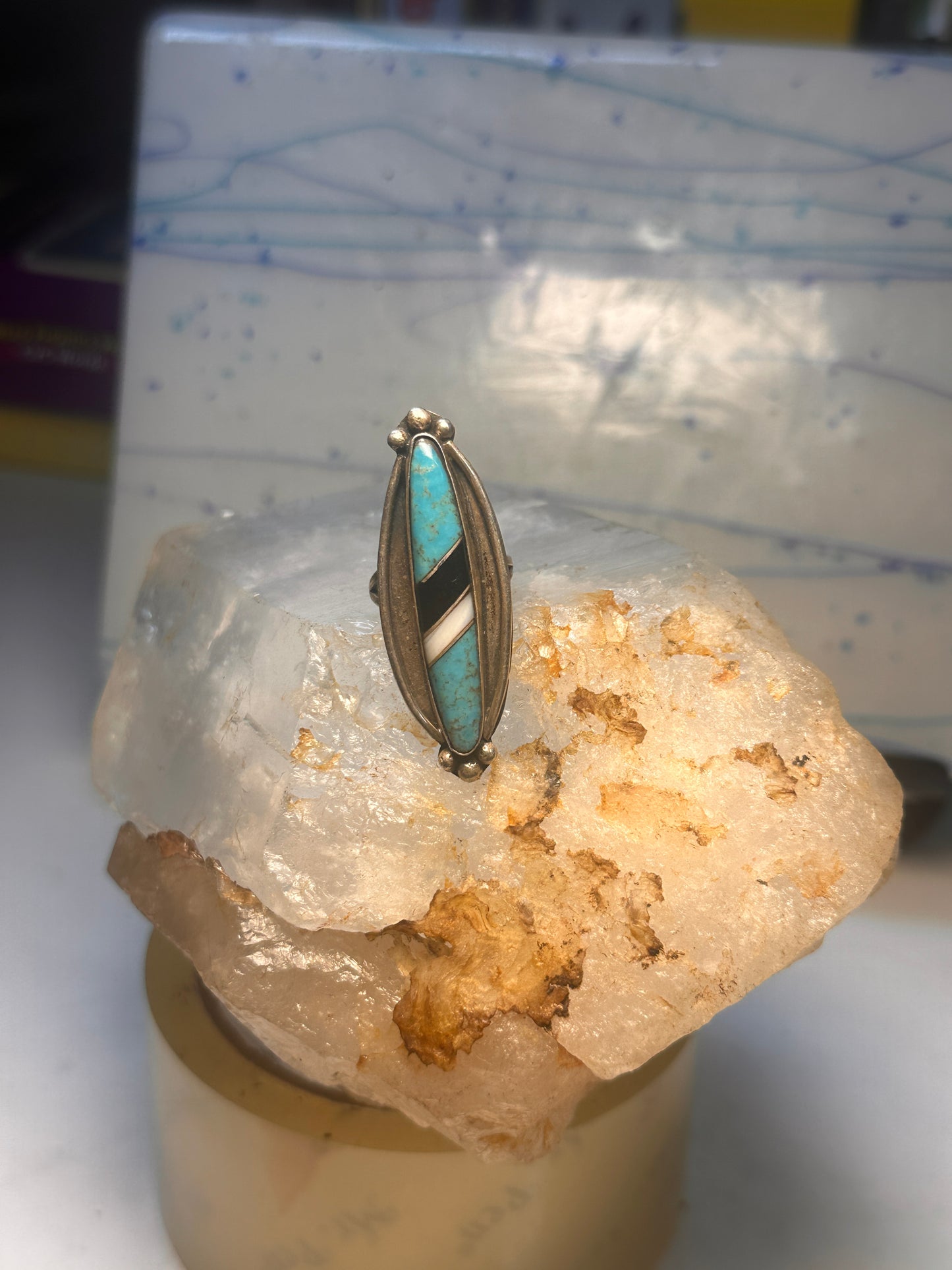 Navajo long ring turquoise onyx mop size 6.5 sterling silver women