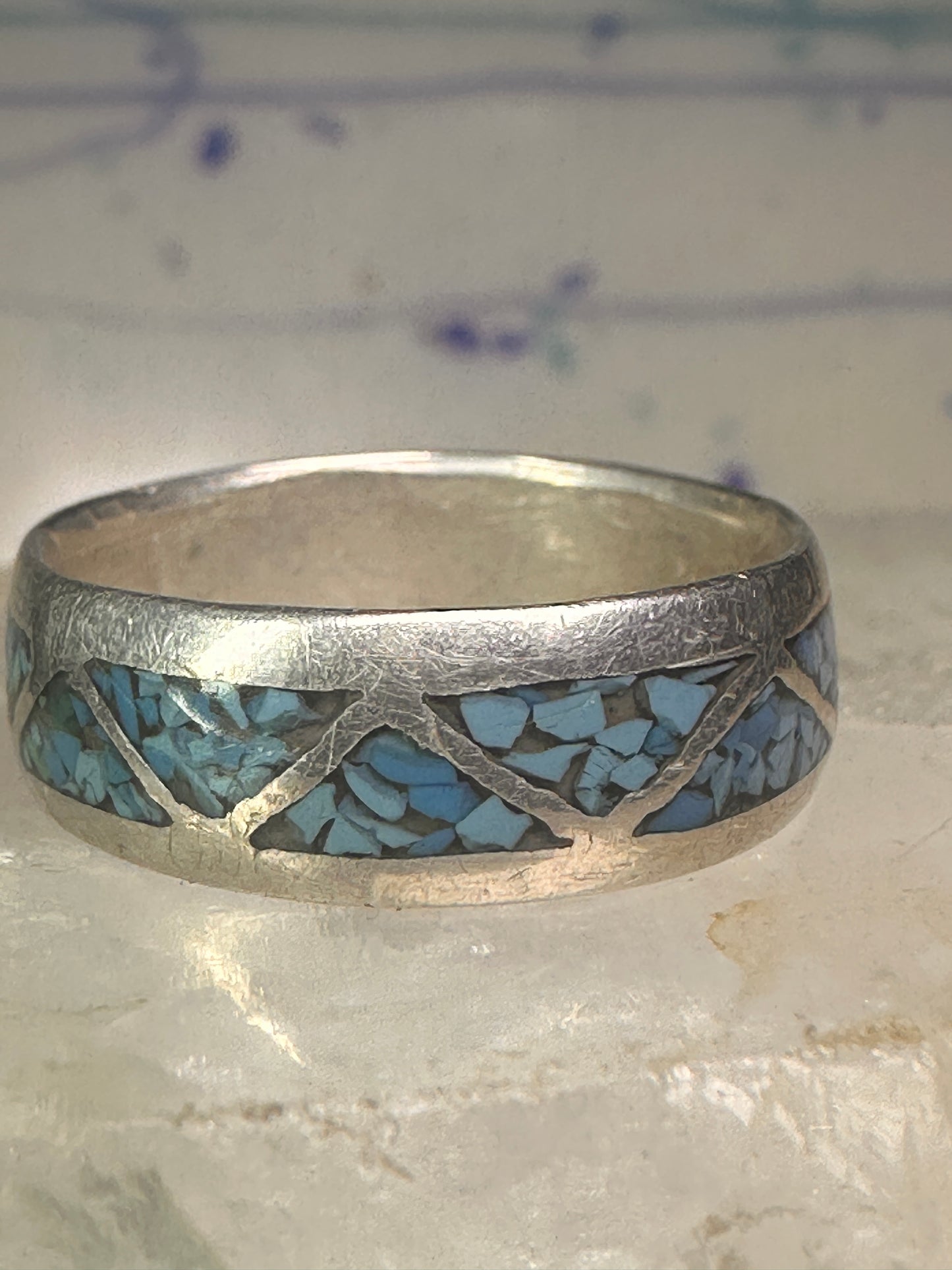 Zuni ring wedding band turquoise chips size 9 sterling silver women men