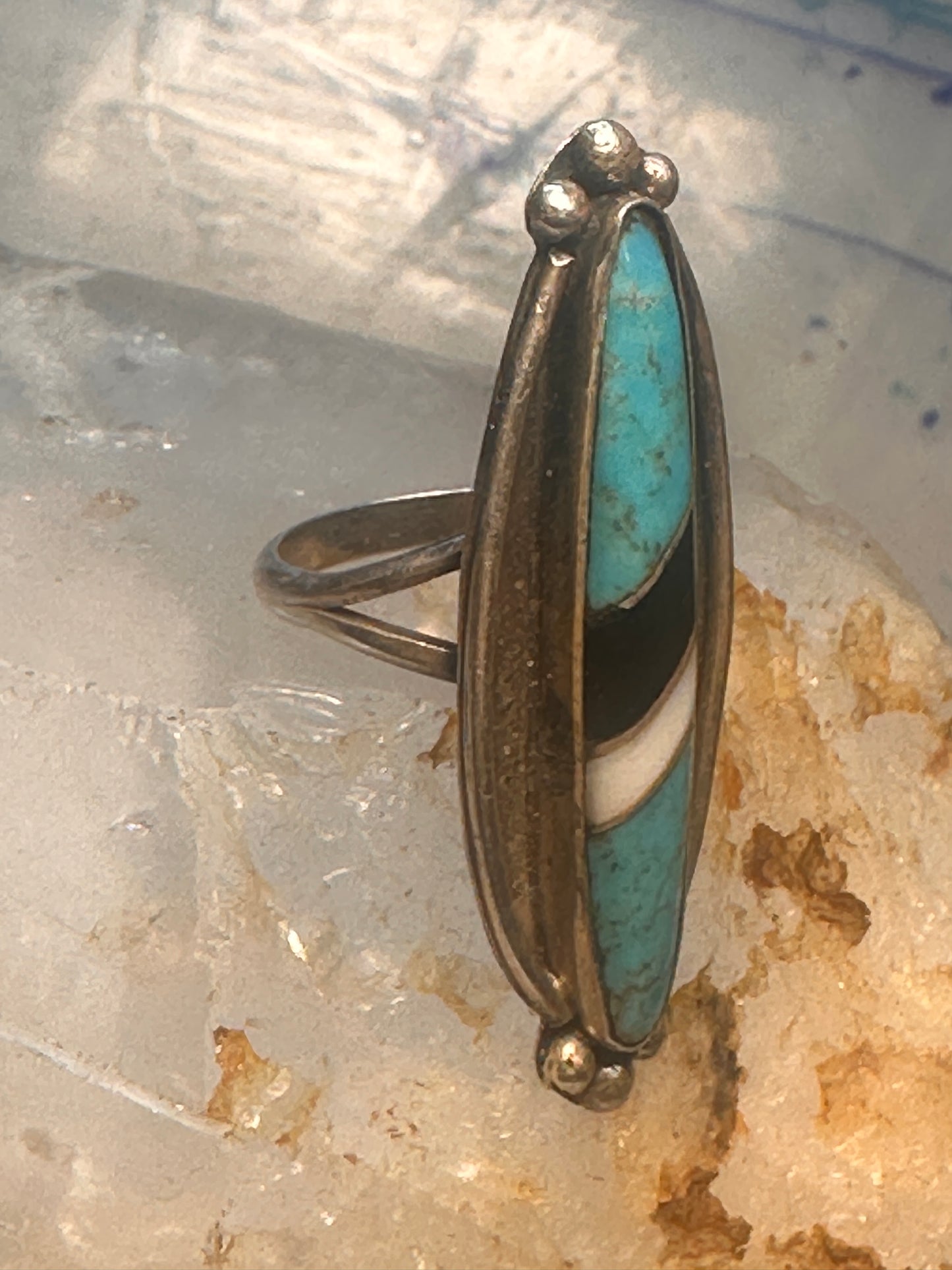 Navajo long ring turquoise onyx mop size 6.5 sterling silver women