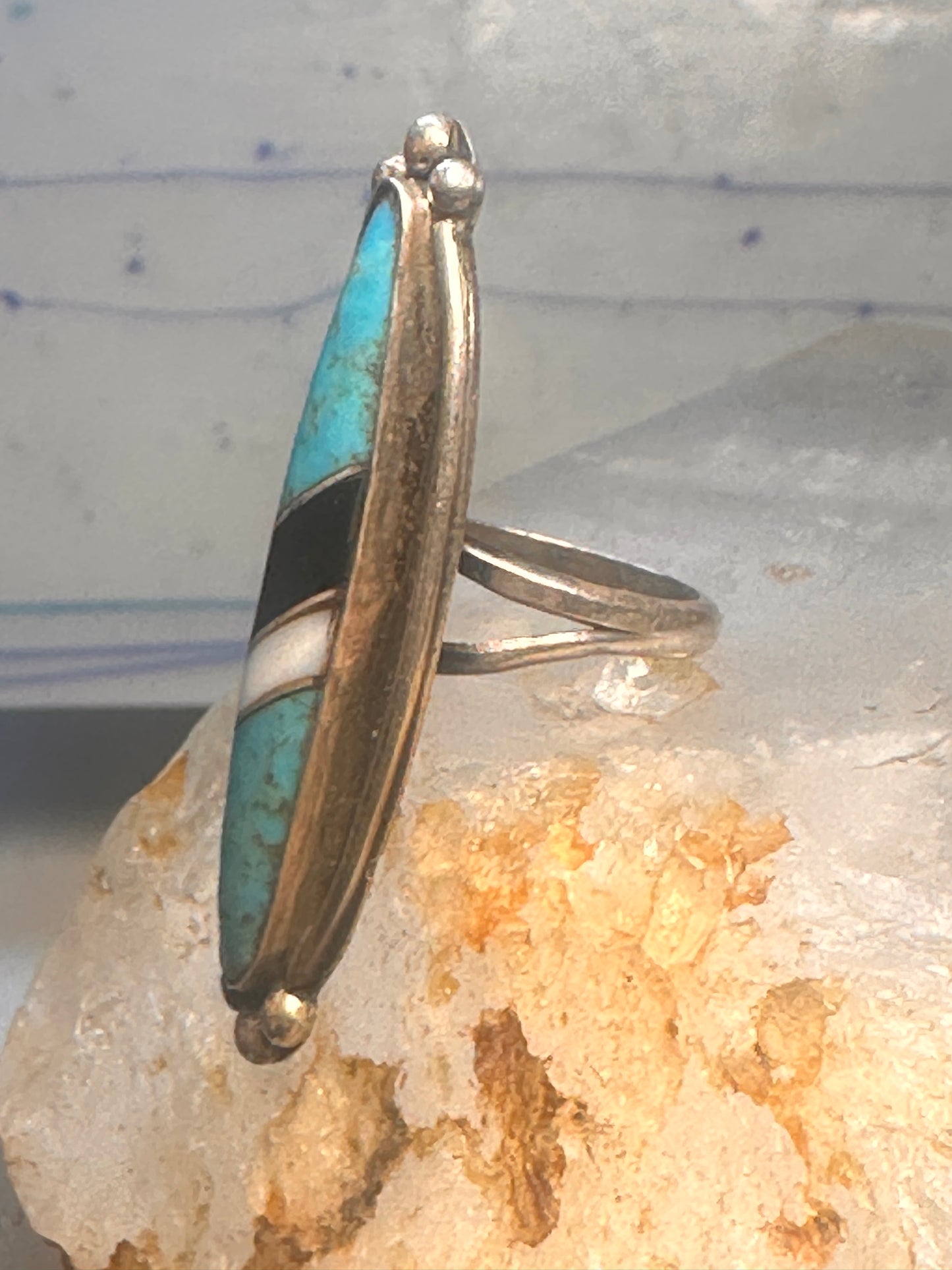 Navajo long ring turquoise onyx mop size 6.5 sterling silver women