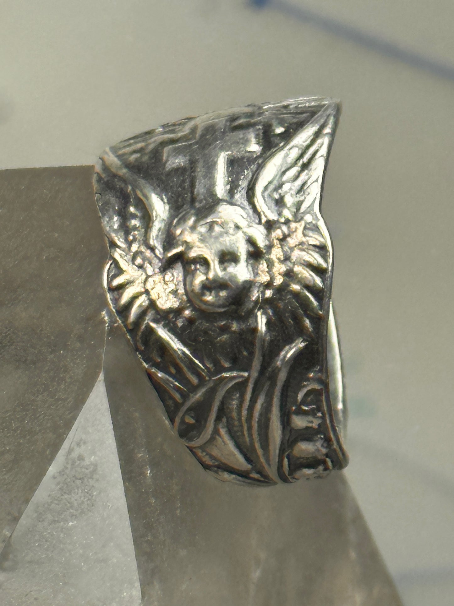 Angel Spoon ring Cross Religious sunrise sun band size 7.50 sterling silver women