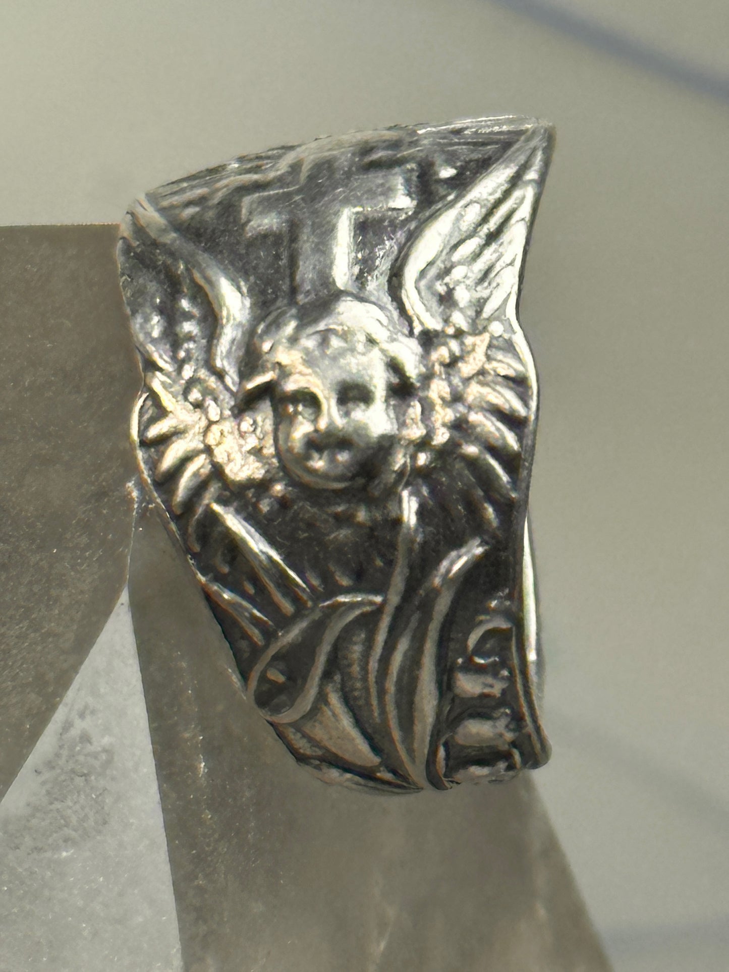 Angel Spoon ring Cross Religious sunrise sun band size 7.50 sterling silver women