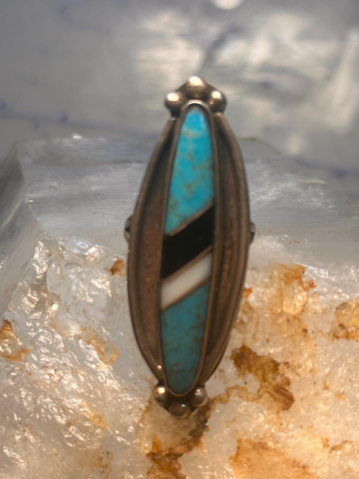 Navajo long ring turquoise onyx mop size 6.5 sterling silver women