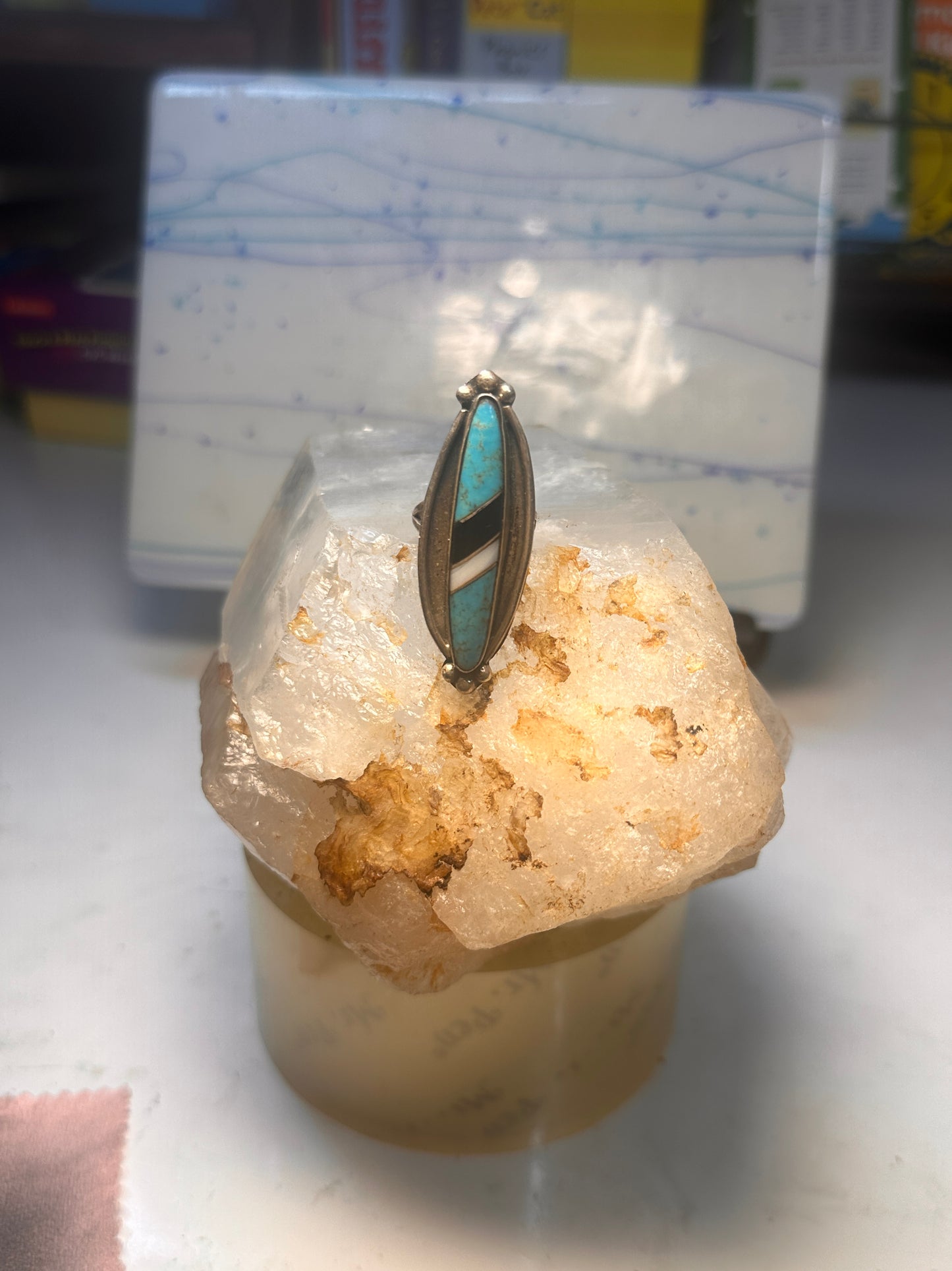 Navajo long ring turquoise onyx mop size 6.5 sterling silver women