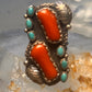 Navajo long ring coral size 6 feathers leaves sterling silver women