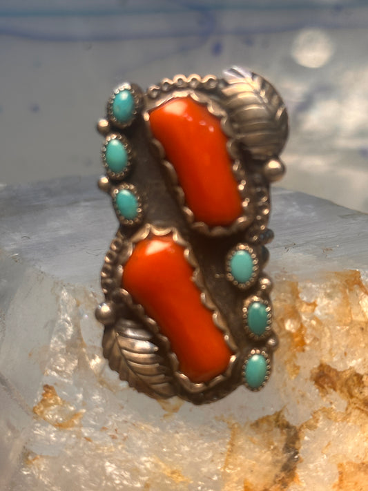 Vintage Navajo Sterling Silver Long Red Coral & Turquoise Leaf Cluster Ring - Size 6