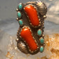 Navajo long ring coral size 6 feathers leaves sterling silver women