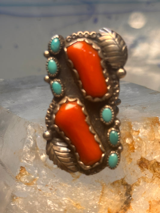 Vintage Navajo Sterling Silver Long Red Coral & Turquoise Leaf Cluster Ring - Size 6