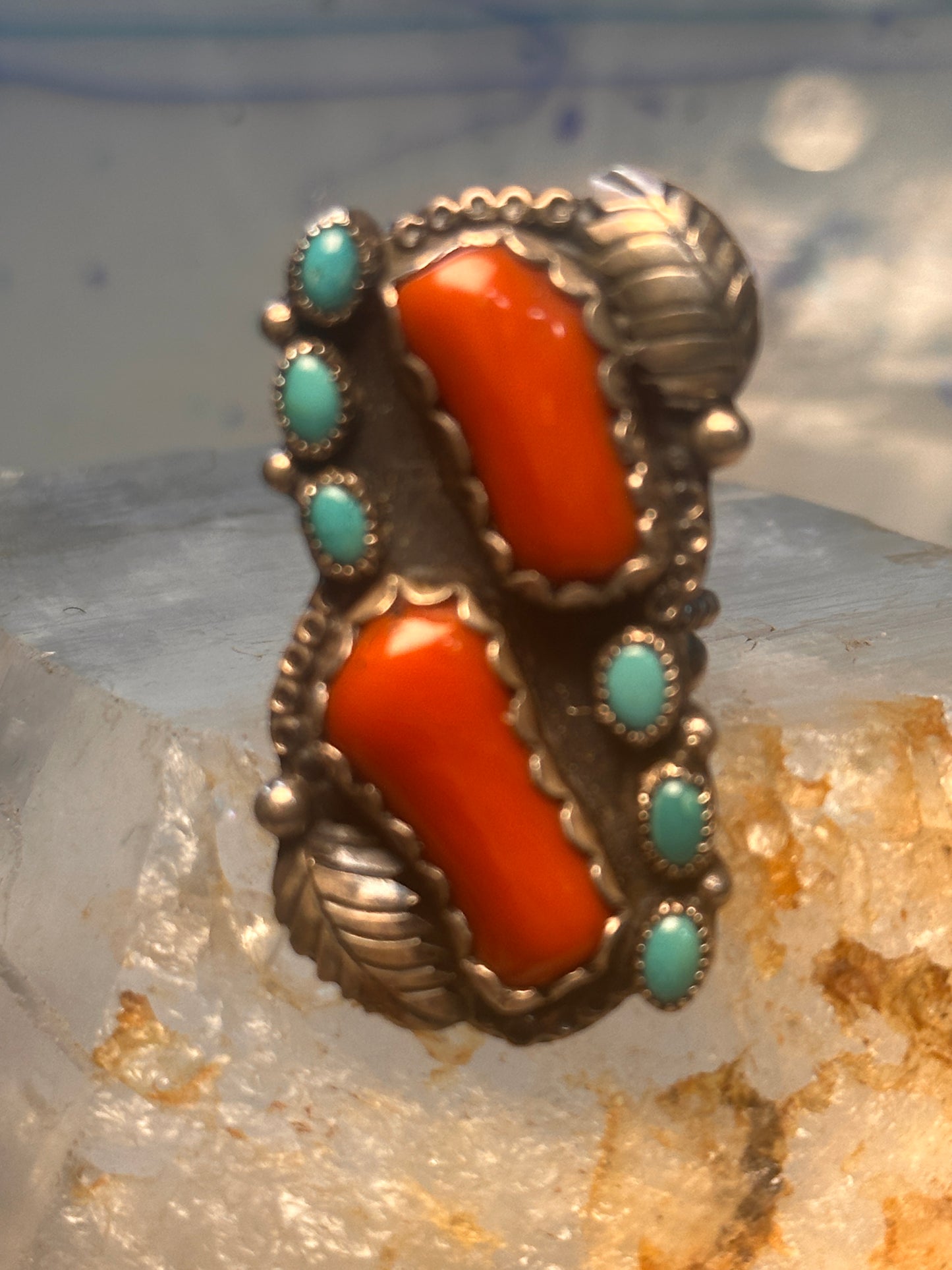 Navajo long ring coral size 6 feathers leaves sterling silver women