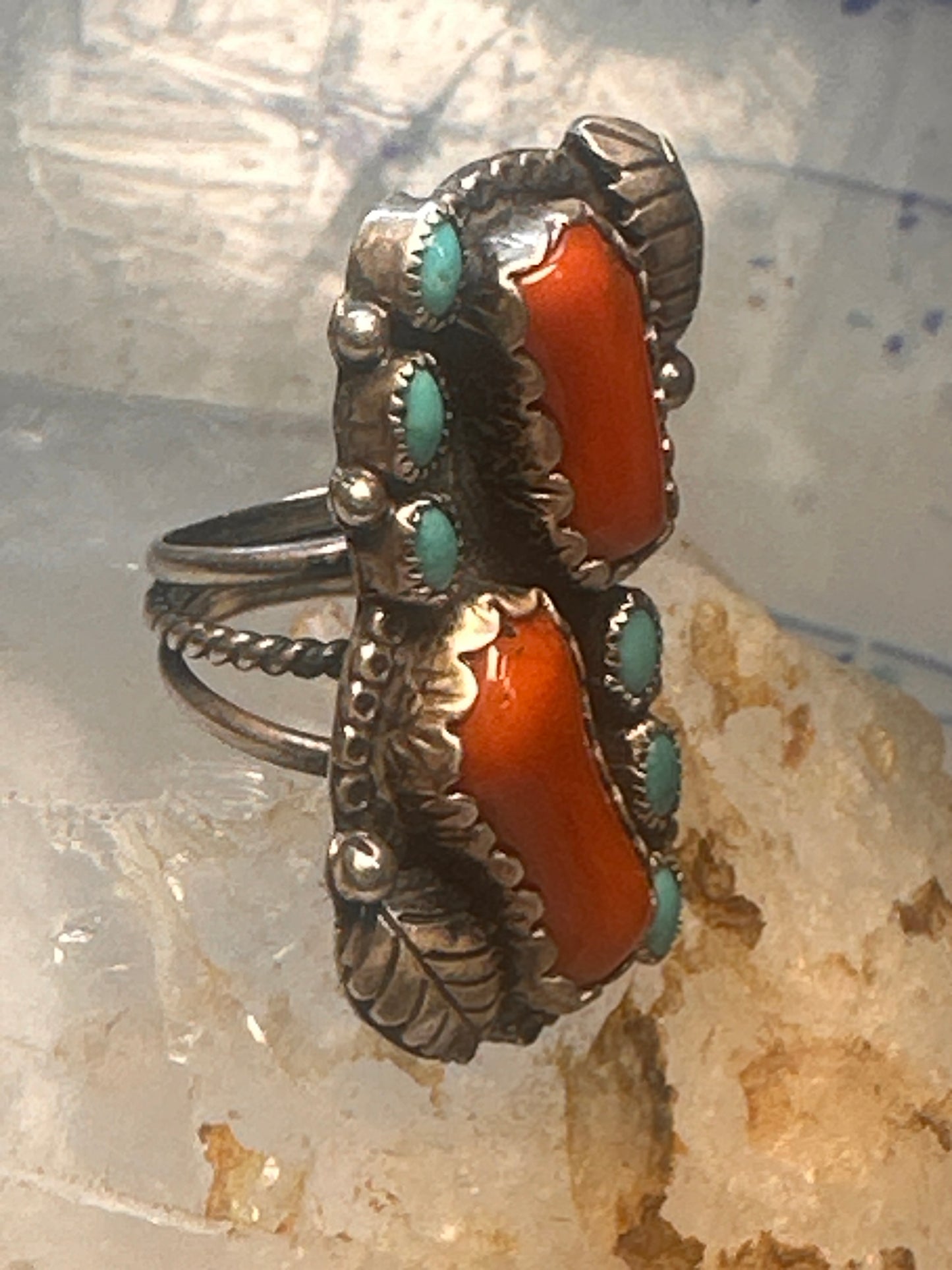 Navajo long ring coral size 6 feathers leaves sterling silver women