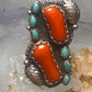 Navajo long ring coral size 6 feathers leaves sterling silver women