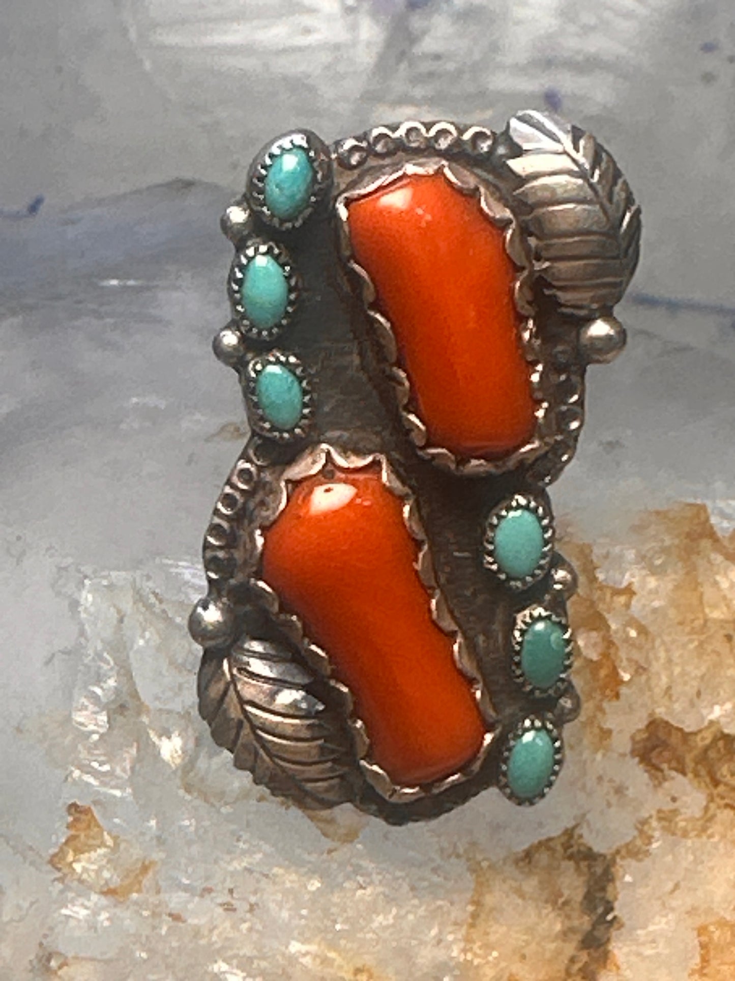 Navajo long ring coral size 6 feathers leaves sterling silver women