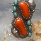 Navajo long ring coral size 6 feathers leaves sterling silver women