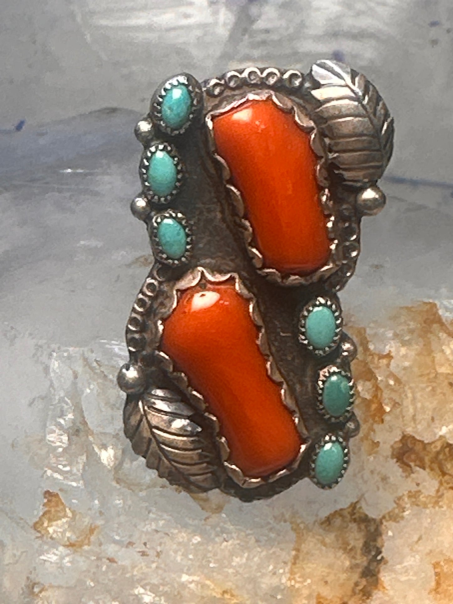 Navajo long ring coral size 6 feathers leaves sterling silver women